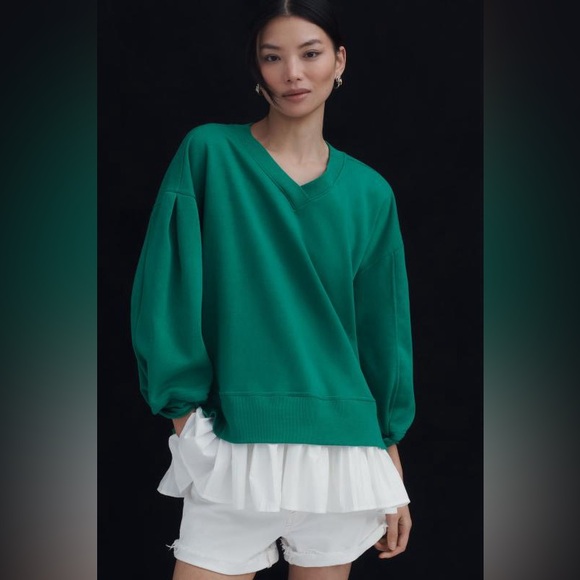 Mauve Tops - Maeve Long-Sleeve V-Neck Twofer Fleece‎ Knit Pullover Kelly Green NWT Size XL